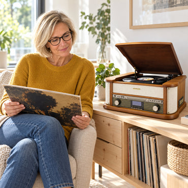 Soundmaster NR566BE 7-in-1 Nostalgia Stereo System Turntable Audio Technica Cartridge DAB+ CD-MP3 USB Cassette BT Digitization Equalizer