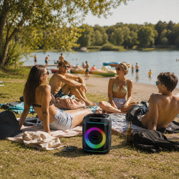 Denver BPS-270 Bluetooth Partylautsprecher mit 8" Woofer, BT-Mikrofon, 40W RMS, TWS, LED-Lichteffekten, USB, MicroSD, AUX, Karaoke & Akku