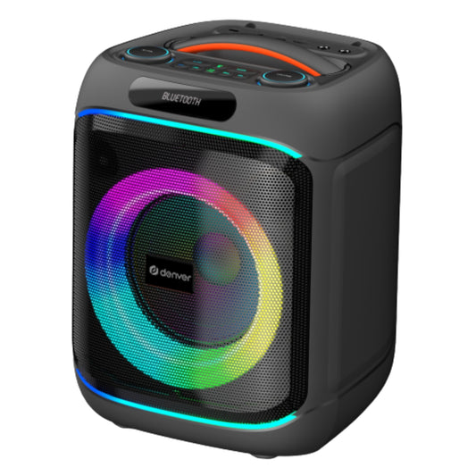 Denver BPS-270 Bluetooth Partylautsprecher mit 8" Woofer, BT-Mikrofon, 40W RMS, TWS, LED-Lichteffekten, USB, MicroSD, AUX, Karaoke & Akku