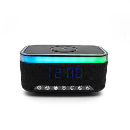 Denver ECQ-112B Digitalwecker mit Akku 1.200 mAh, Bluetooth 5.0, Qi-Laden 15 W, 7 Wecktönen, Weißrauschen, USB/SD/AUX, RGB, Schwarz