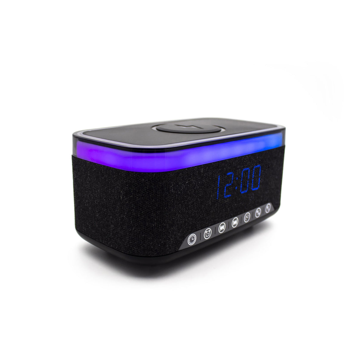 Denver ECQ-112B Digitalwecker mit Akku 1.200 mAh, Bluetooth 5.0, Qi-Laden 15 W, 7 Wecktönen, Weißrauschen, USB/SD/AUX, RGB, Schwarz