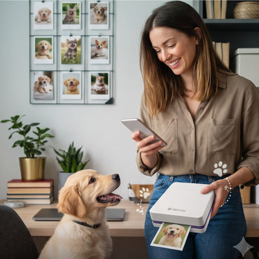 DENVER MCP-6010 mobile color printer with Bluetooth, app control, battery, and versatile print media