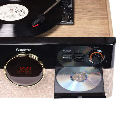 Denver MRD-180 Retro-Musikcenter mit Plattenspieler, DAB+/UKW, CD/MP3, Kassette, Bluetooth, USB-Aufnahme, AUX und Fernbedienung