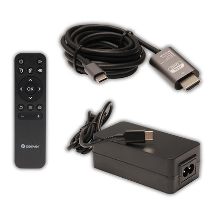 Denver PR-4700 mobile 4K projector with battery, up to 180 inches, HDMI, USB-A, Bluetooth audio, remote control