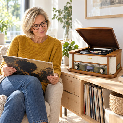 Soundmaster NR566BE 7-in-1 Nostalgia Stereo System Turntable Audio Technica Cartridge DAB+ CD-MP3 USB Cassette BT Digitization Equalizer