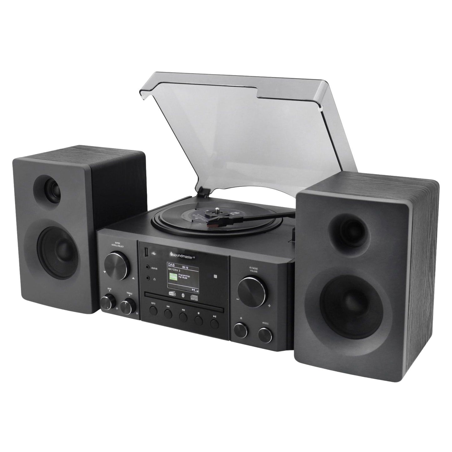 Soundmaster MCD1950SW Stereoanlage mit Plattenspieler DAB+ CD-Player USB MP3 Bluetooth Encoding Digitalisierung 75 Ohm Antennenanschluss