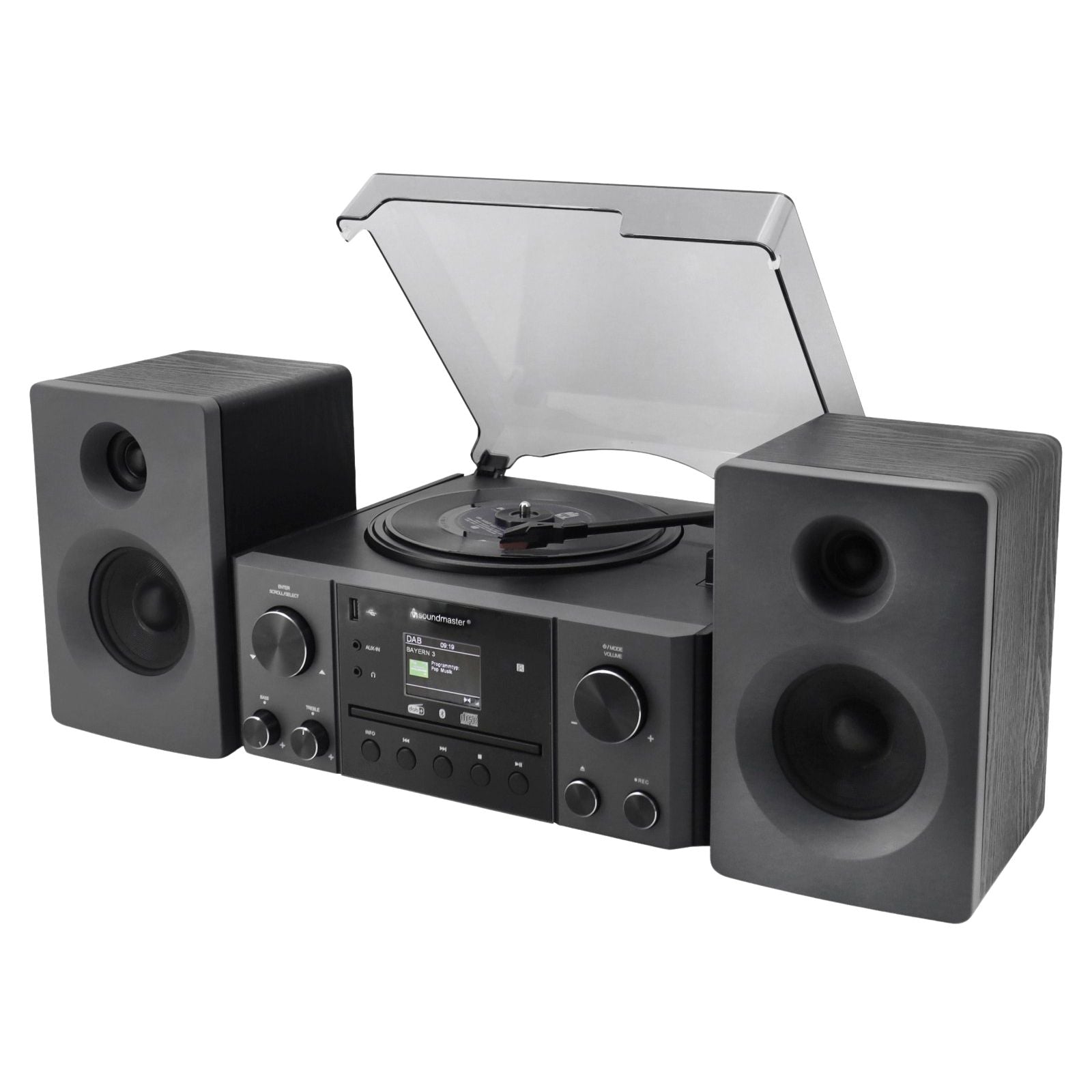 Soundmaster MCD1950SW Stereoanlage mit Plattenspieler DAB+ CD-Player USB MP3 Bluetooth Encoding Digitalisierung 75 Ohm Antennenanschluss