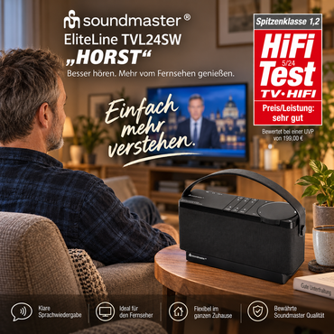 Soundmaster EliteLine HORST TVL24SW – TV speaker with speech dialogue amplifier, wireless transmission, Bluetooth streaming and independent volume control