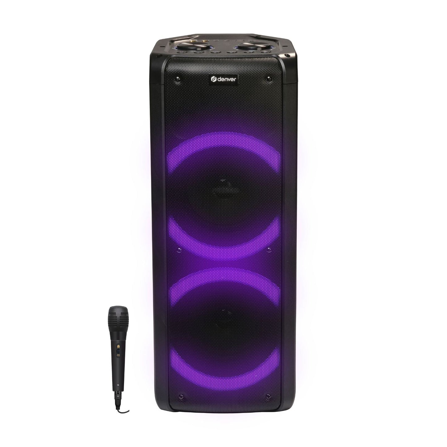 DENVER BPS-352 – Karaoke Bluetooth-Partylautsprecher mit LED-Lichteffekten und Mikrofon, 300W (30W RMS) – Frontansicht – Produktbild von Soundmaxx Online