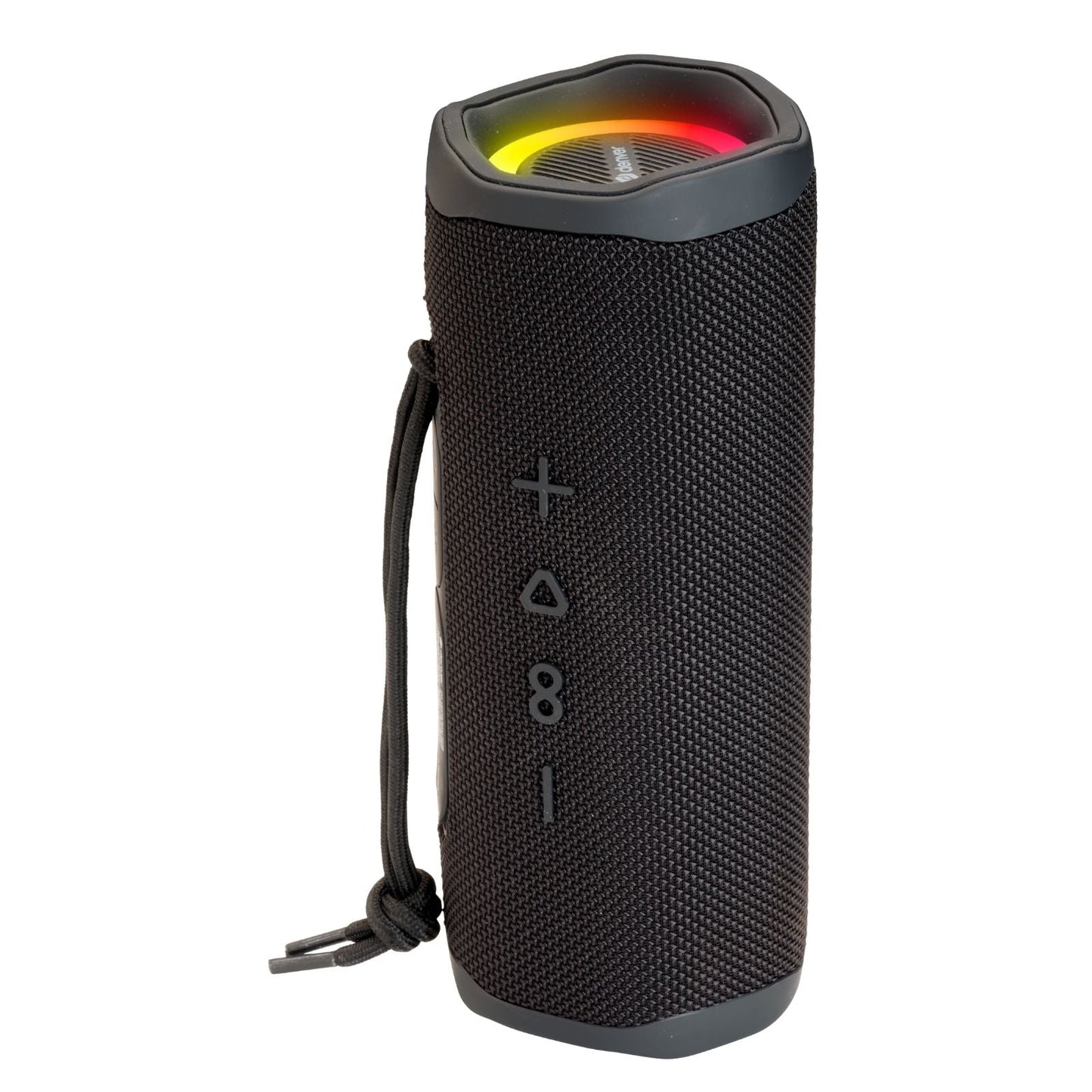 DENVER BTV-223B Kabelloser TWS Bluetooth-Lautsprecher mit LED Lichteffekten und Power für Outdoor & Party, wasserfest IPX5, 200W/20W RMS – Frontansicht – Produktbild von Soundmaxx Online