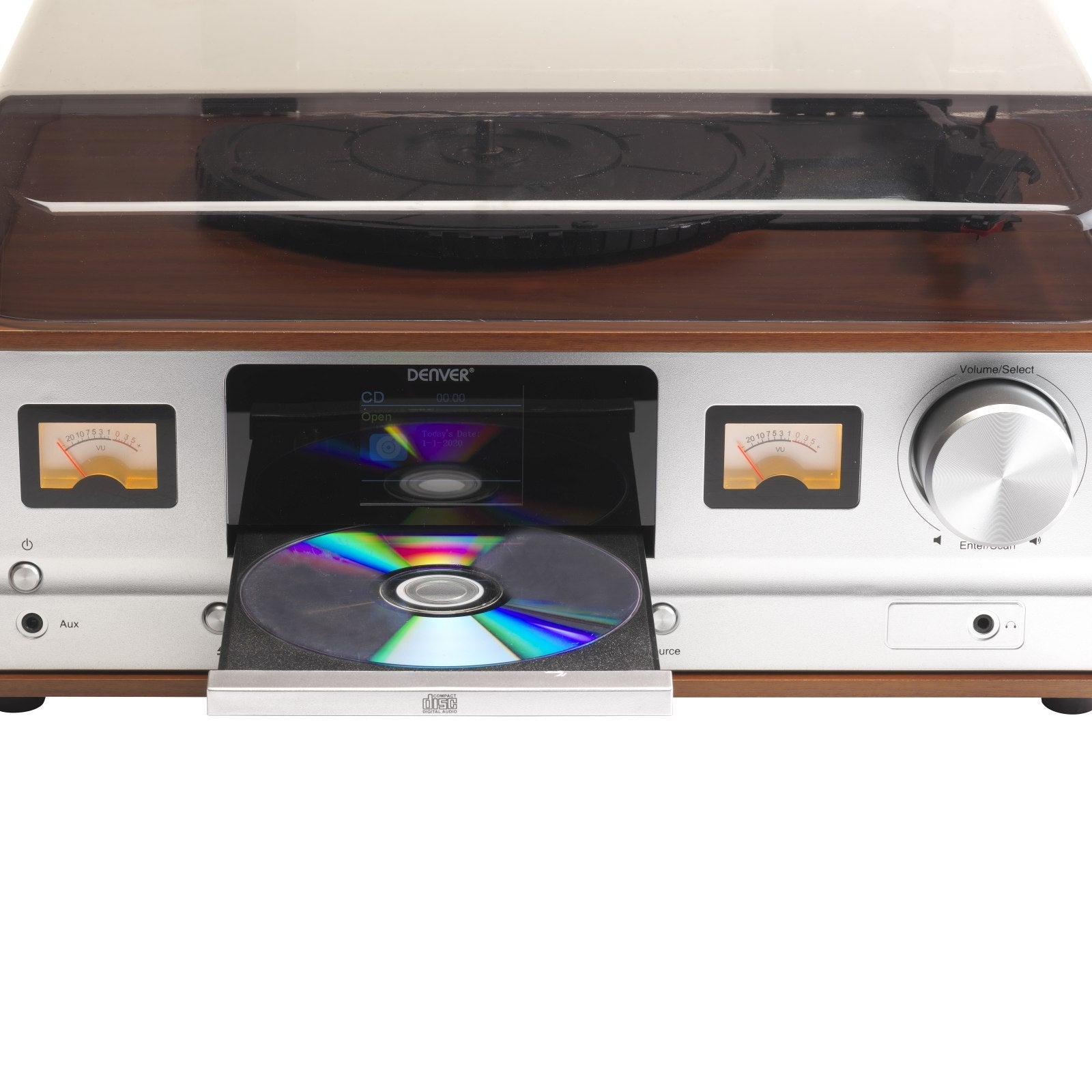 denver mrd 52lw light wood retro musikcenter mit dab bluetooth vu metern plattenspieler – Detailaufnahme – Produktbild von Soundmaxx Online