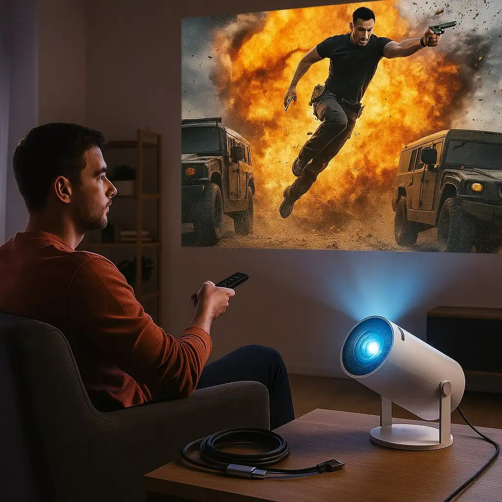 Weißer zylindrischer Projektor mit blau beleuchteter Linse