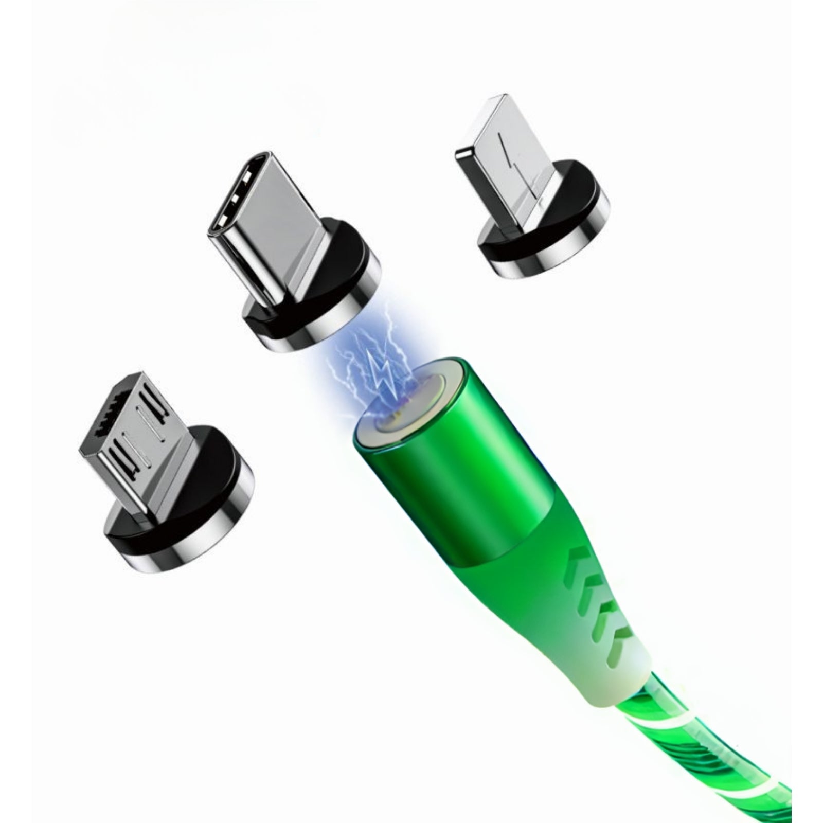 MonkeyTEC 3 in 1 Magnetisches Ladekabel leuchtend mit Schnelladefunktion und Datenübertragung für iPhone/MicroUSB/USB-C – Frontansicht – Produktbild von Soundmaxx Online