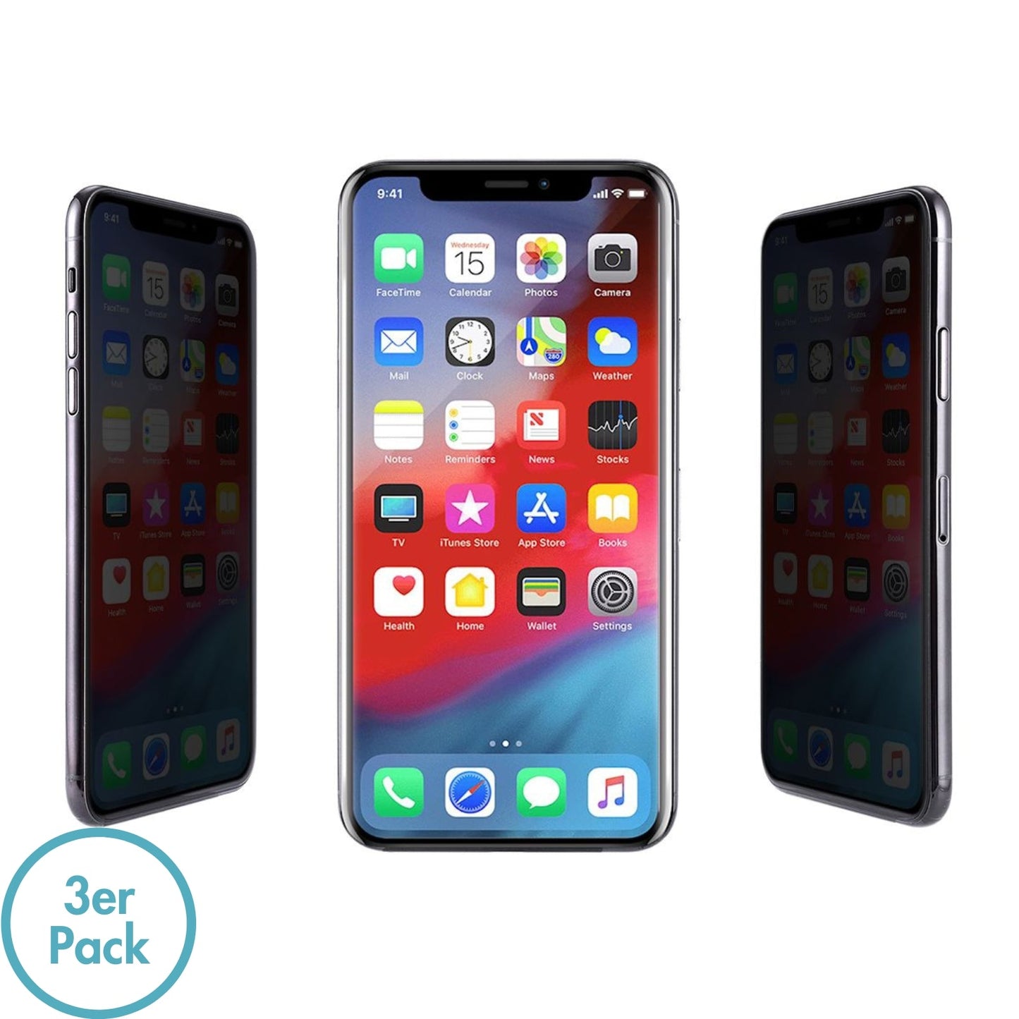 MonkeyTEC 3er-Set Blickschutzfolie 9H Sichtschutz Privatsphäre schützen Apple iPhone – Frontansicht – Produktbild von Soundmaxx Online