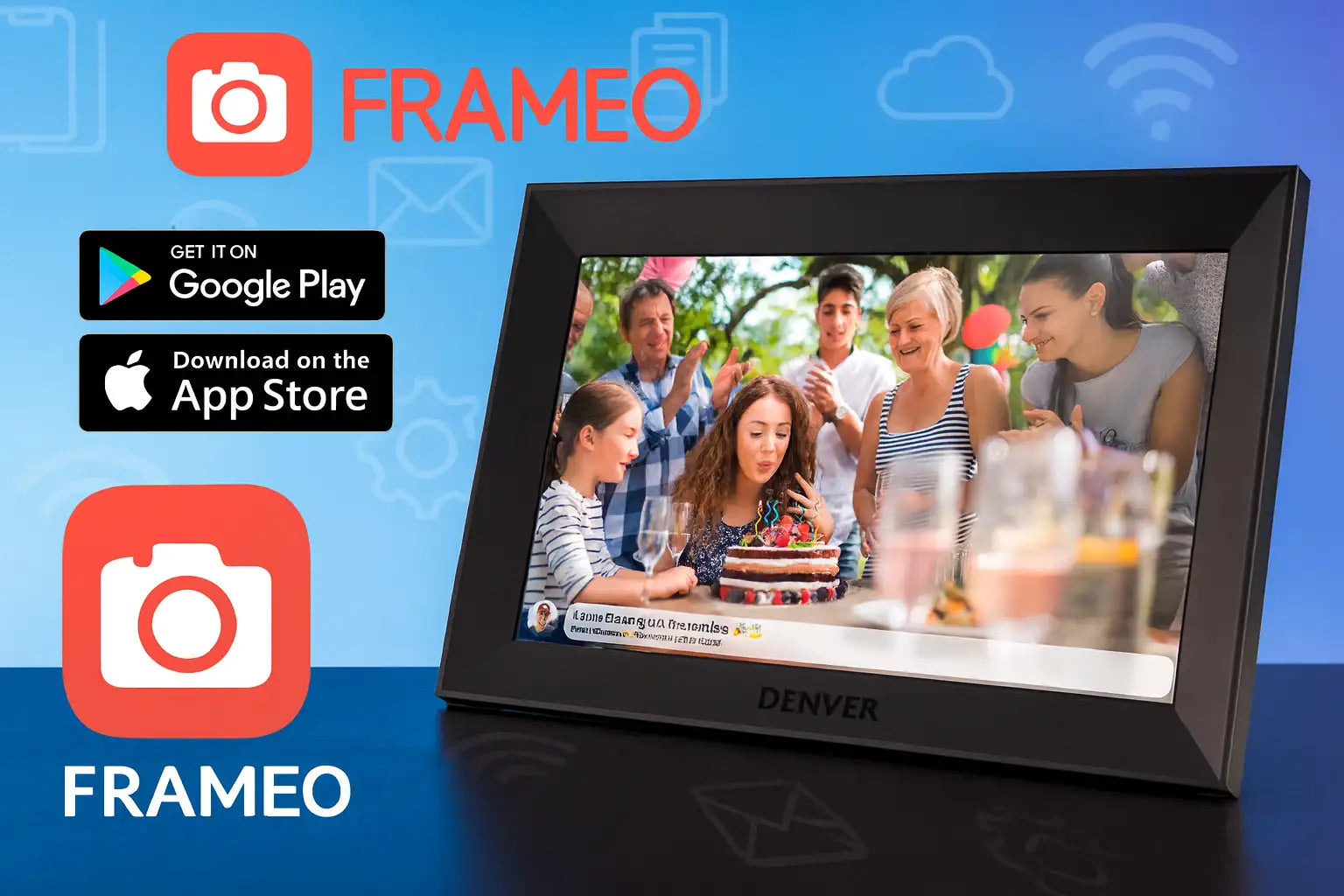 Schwarzer Rahmen für ein digitales Fotogerät, das auf seinem Bildschirm eine Familien-Geburtstagsfeier anzeigt.