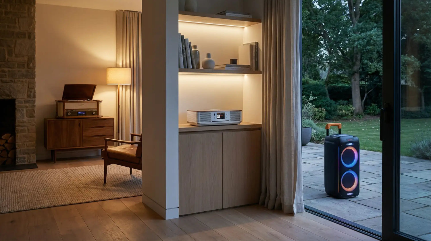 Schwarzer tragbarer Lautsprecher mit leuchtenden blauen und orangenen kreisförmigen Lichtern auf der Vorderseite