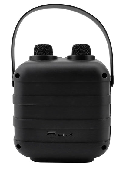 soundmaster bt2024 karaoke system tragbarer bluetooth lautsprecher mit 2 mikrofonen stimmenwandler led lichteffekten usb und aux in – Rückansicht – Produktbild von Soundmaxx Online