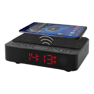 soundmaster ur124sw radiowecker mit kabelloser ladestation wireless charger iphone samsung galaxy led display 4 stufiger dimmer 2 weckzeiten uhrenradio ohne ticken – Seitenansicht – Produktbild von Soundmaxx Online