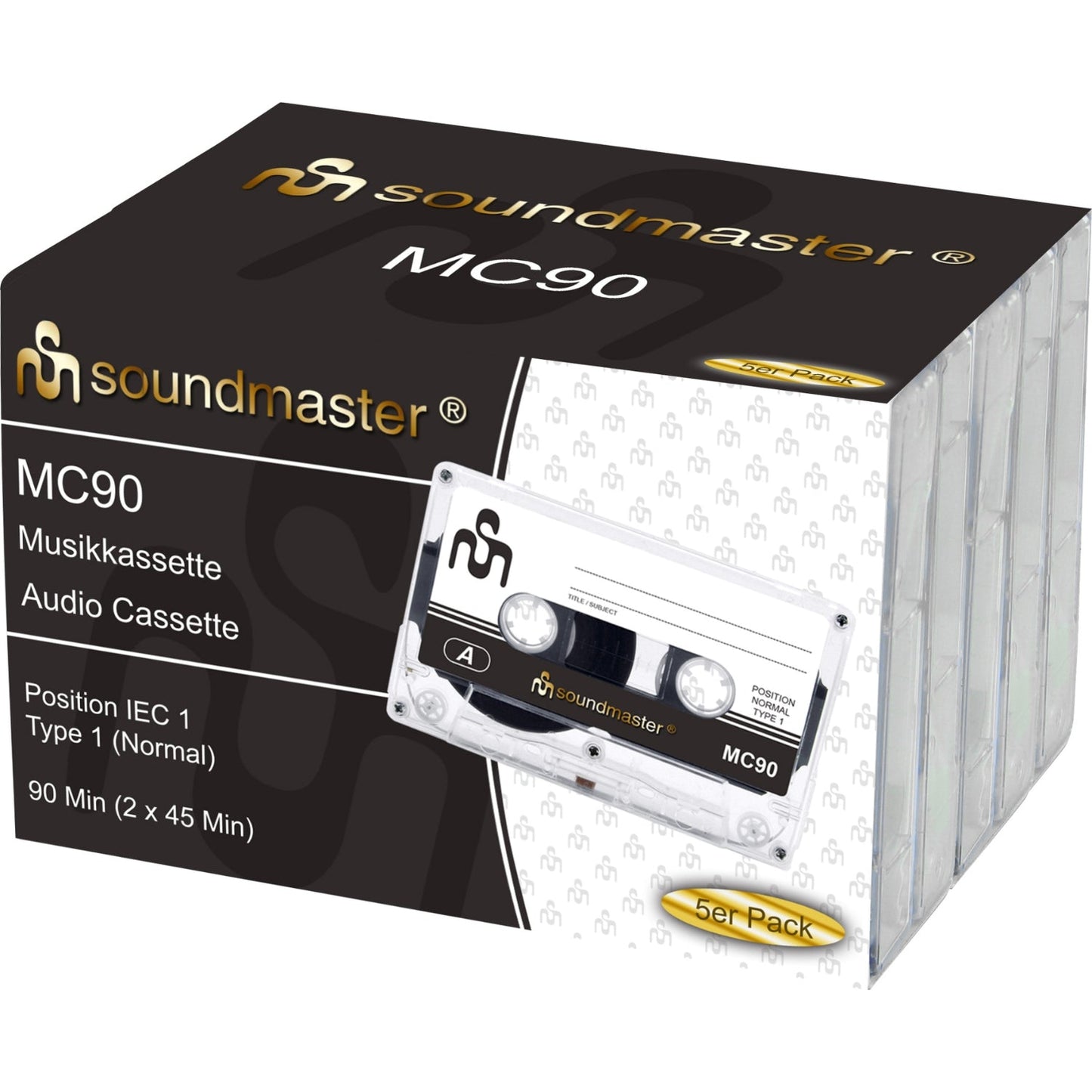 5× Soundmaster MC905P Leerkassetten 90 Min, je 45 Min pro Seite, mit Hüllen.
