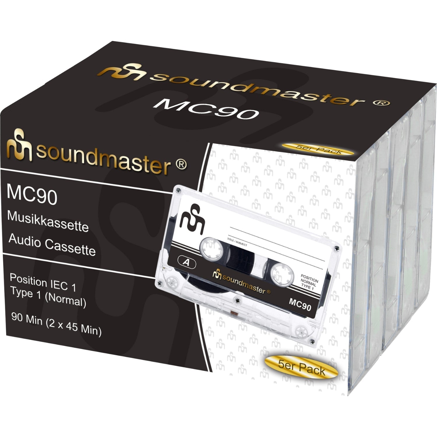 5× Soundmaster MC905P Leerkassetten 90 Min, je 45 Min pro Seite, mit Hüllen.