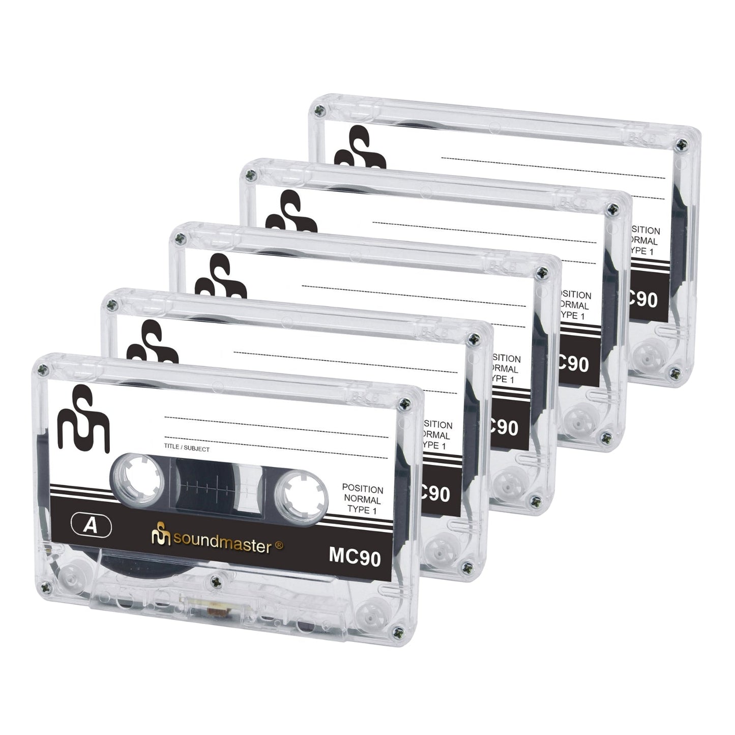 Soundmaster MC905P Leerkassetten 90 Minuten, 5er Pack, jeweils 45 Minuten pro Seite, mit Hülle und beschriftbarer Einlage.