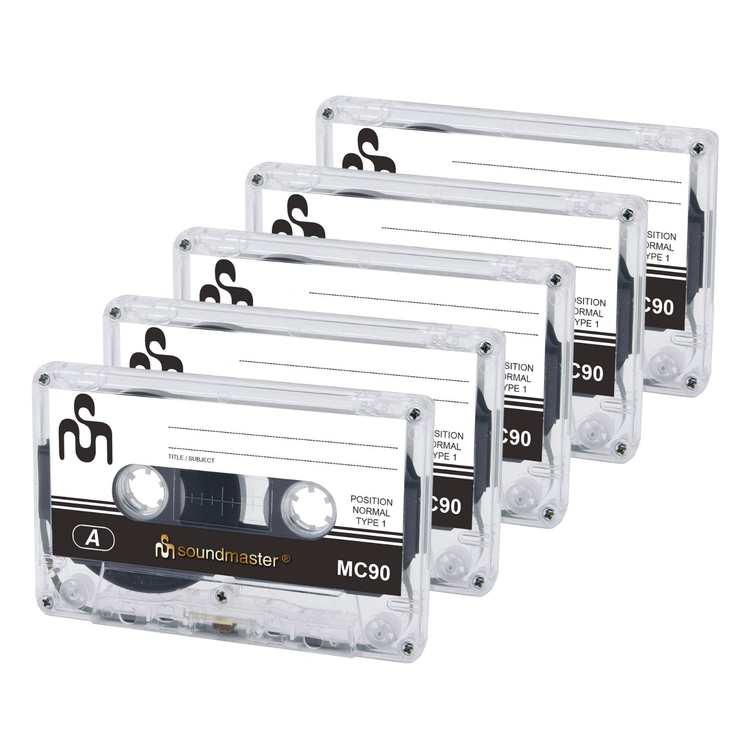 Soundmaster MC905P Leerkassetten 90 Minuten, 5er Pack, jeweils 45 Minuten pro Seite, mit Hülle und beschriftbarer Einlage.