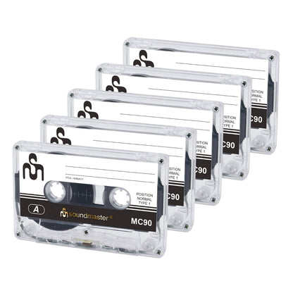 Soundmaster MC905P Leerkassetten 90 Minuten, 5er Pack, jeweils 45 Minuten pro Seite, mit Hülle und beschriftbarer Einlage.